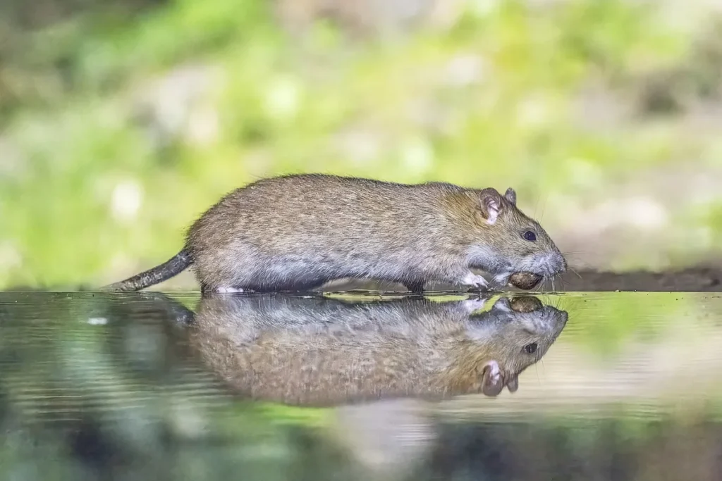 Αρουραίος Rattus norvegicus σε κήπο δίπλα σε νερό